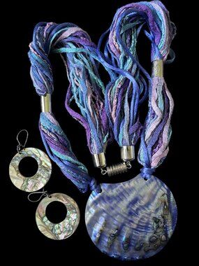 Artist Signed Abalone Shell Necklace Earrings Set Blue Purple